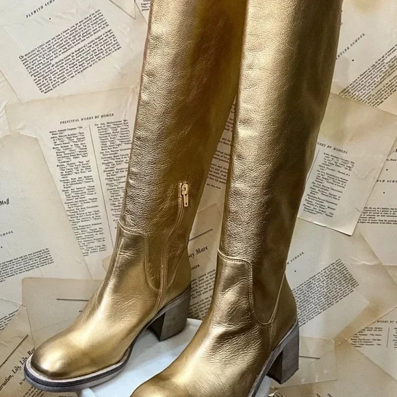 Free People Essential Tall Boot Inside Zipper Gold Metallic Leather - Picture 10 of 11
